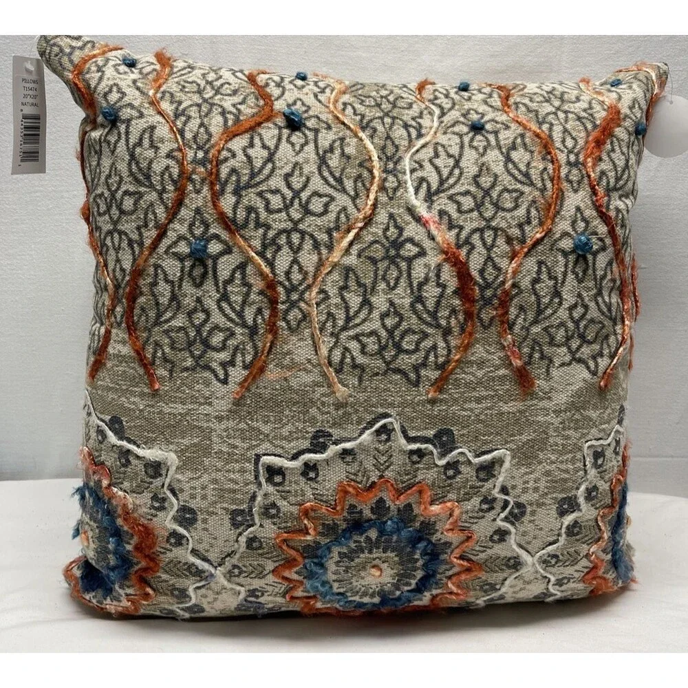 Rizzy Home Hand Crafted Medallion Decorative Pillow Natural Blue Rust New w/Tags